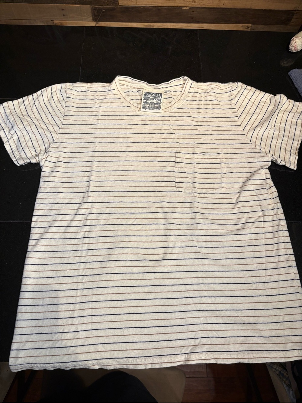 Jungmaven Cream Tee with Thin Navy & Tan Stripes